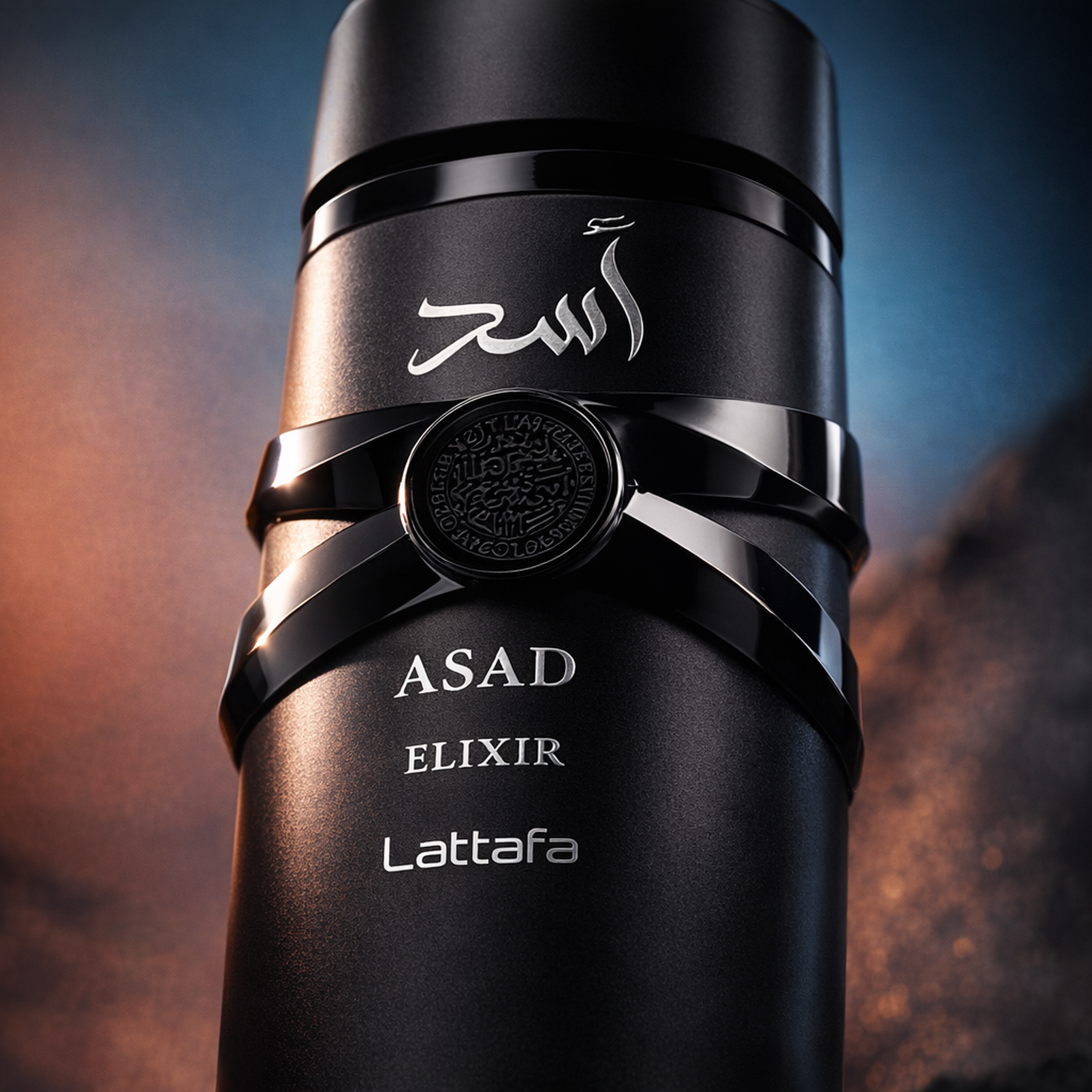 Lattafa Asad Elixir EDP For Men macro label detail gallery showcase