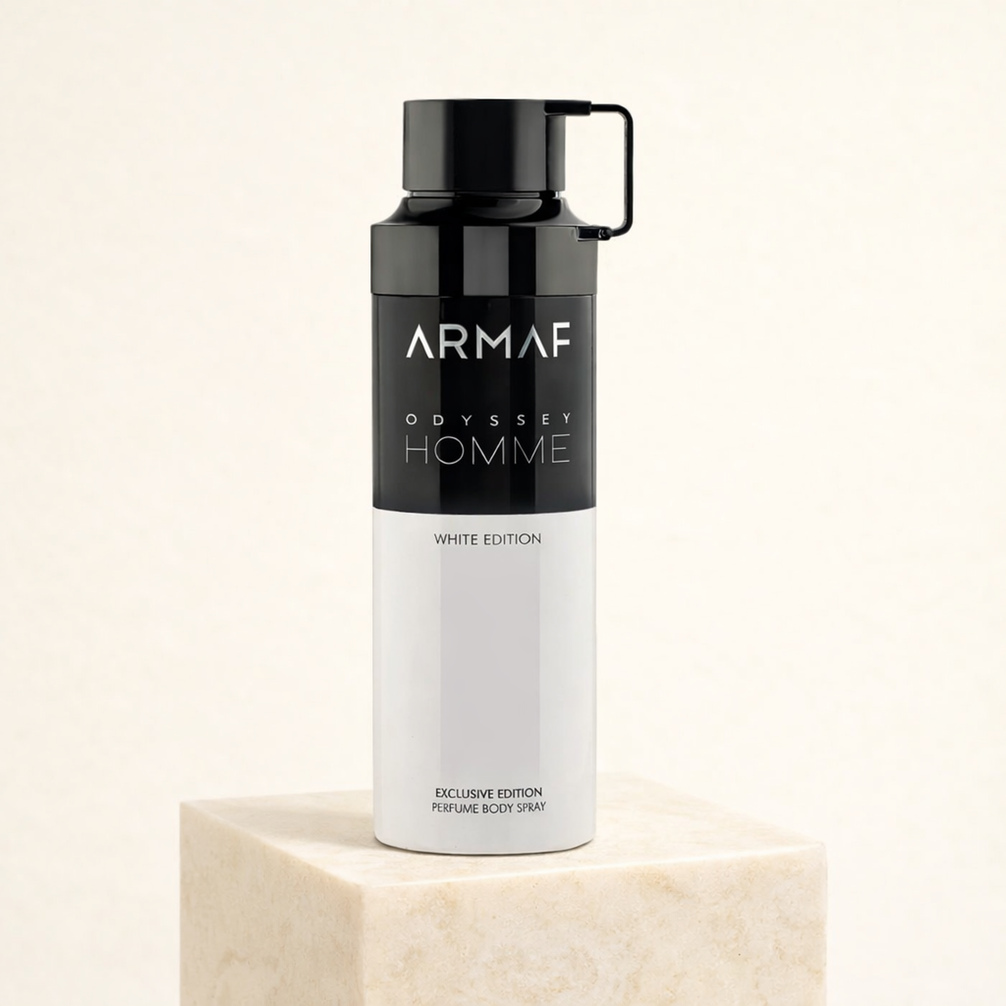 Armaf Odyssey Homme White Edition Body Spray upright pedestal gallery showcase