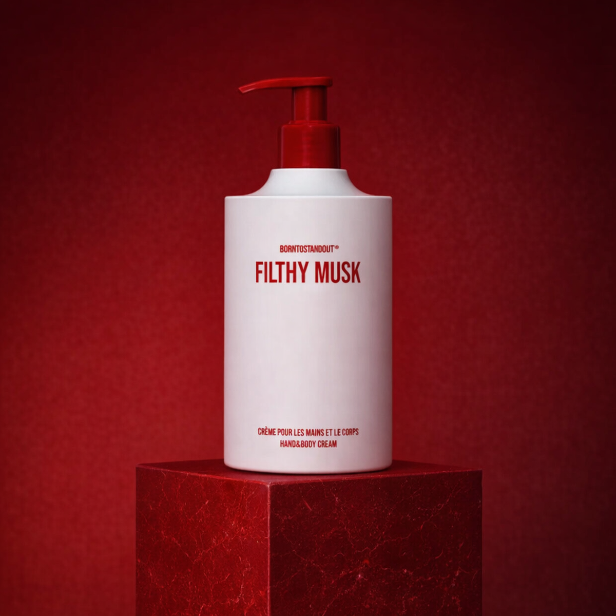 BORNTOSTANDOUT Filthy Musk Hand & Body Cream upright pedestal gallery showcase