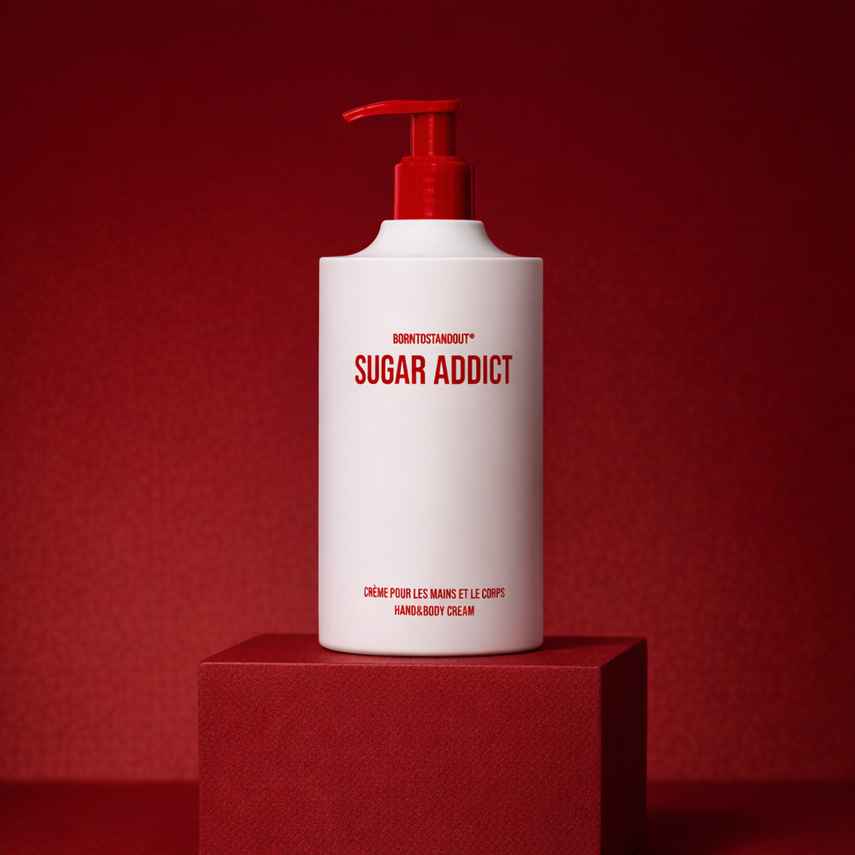 BORNTOSTANDOUT Sugar Addict Hand & Body Cream upright pedestal gallery showcase