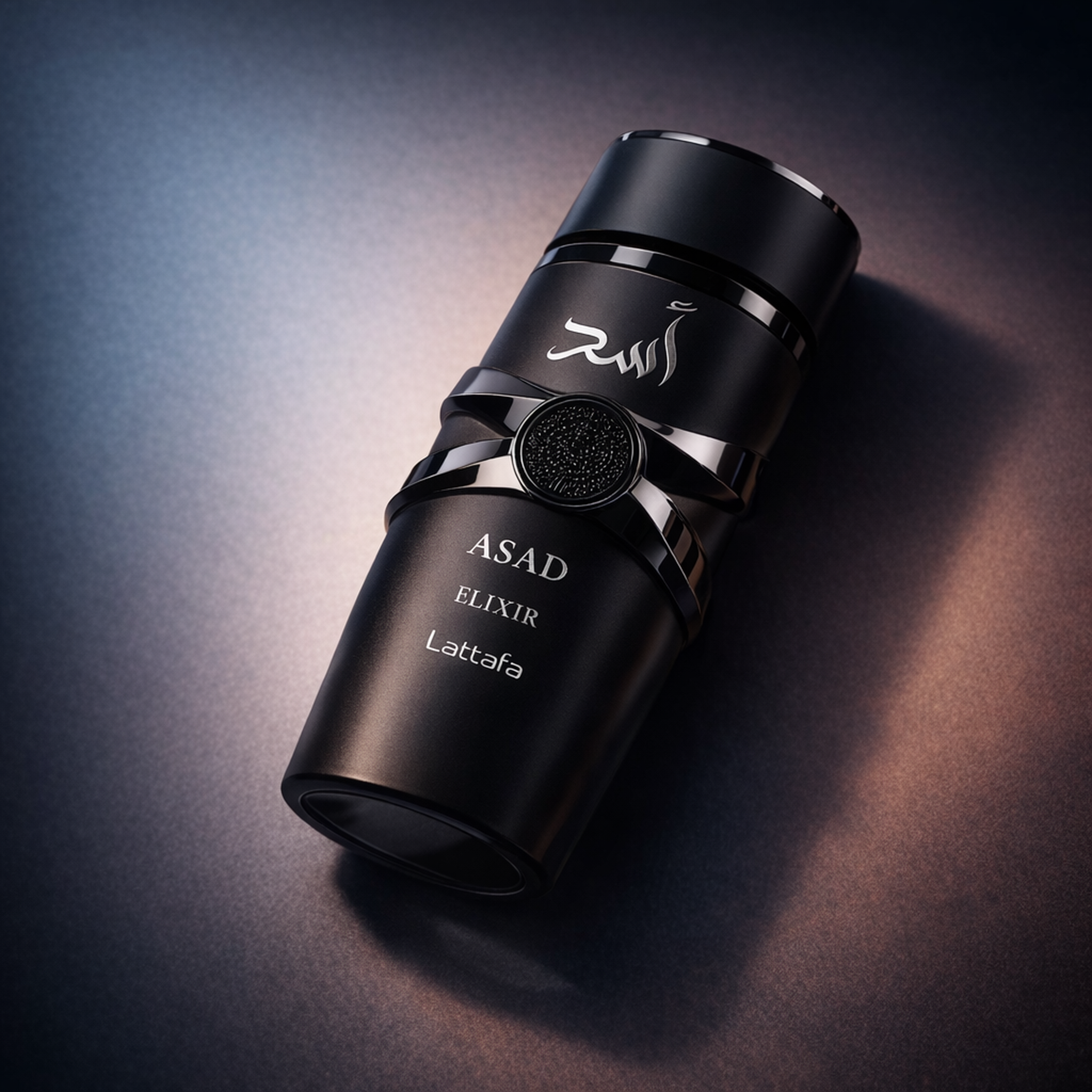 Lattafa Asad Elixir EDP For Men angled still-life gallery showcase