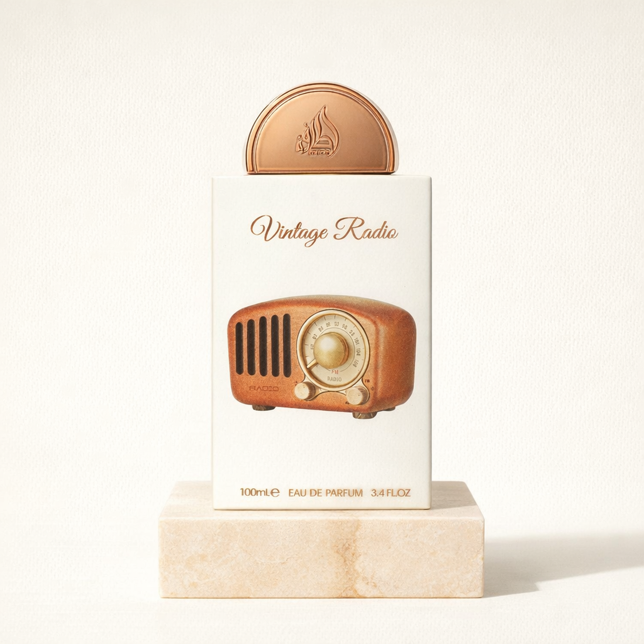 Lattafa Pride Vintage Radio EDP upright pedestal gallery showcase