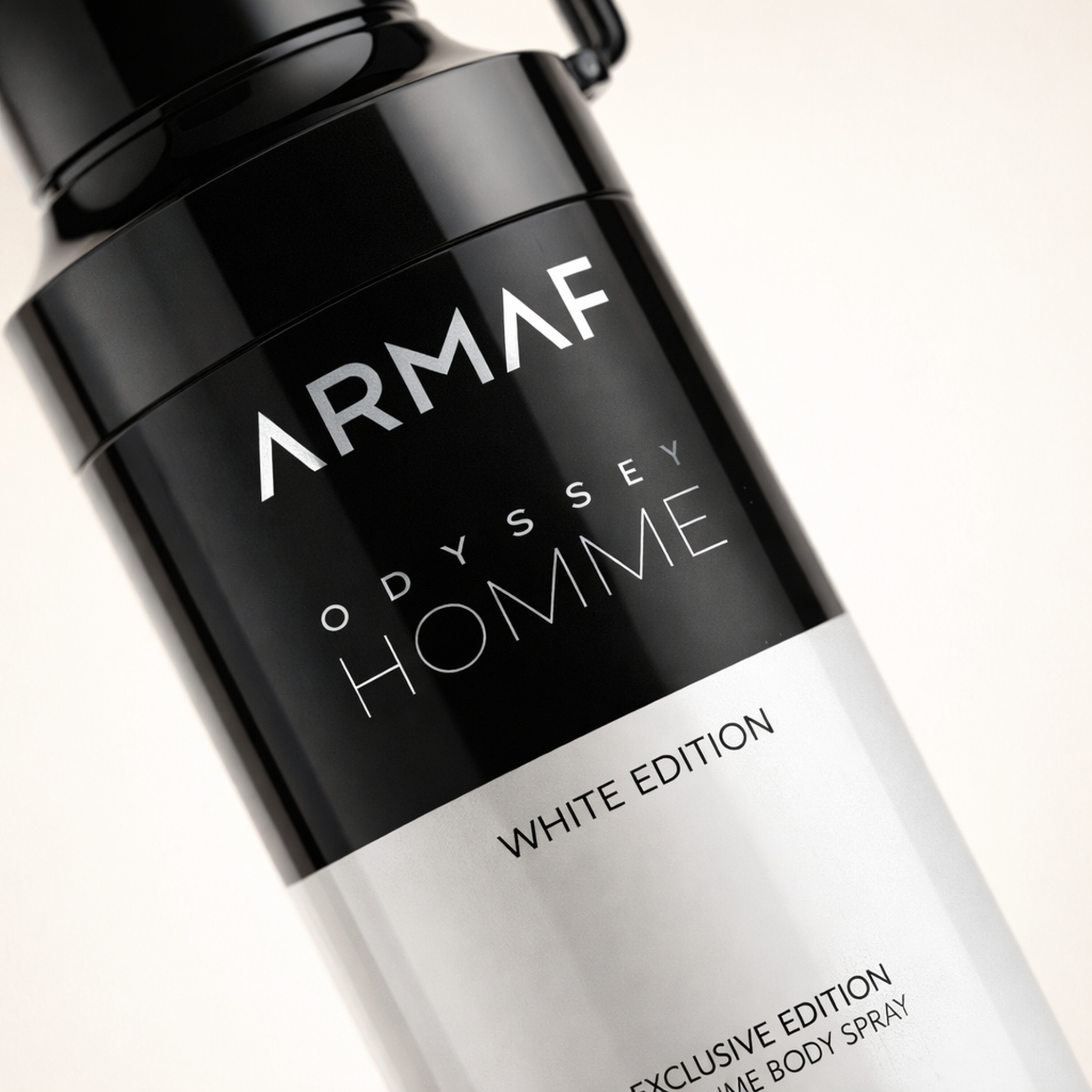Armaf Odyssey Homme White Edition Body Spray macro label detail gallery showcase
