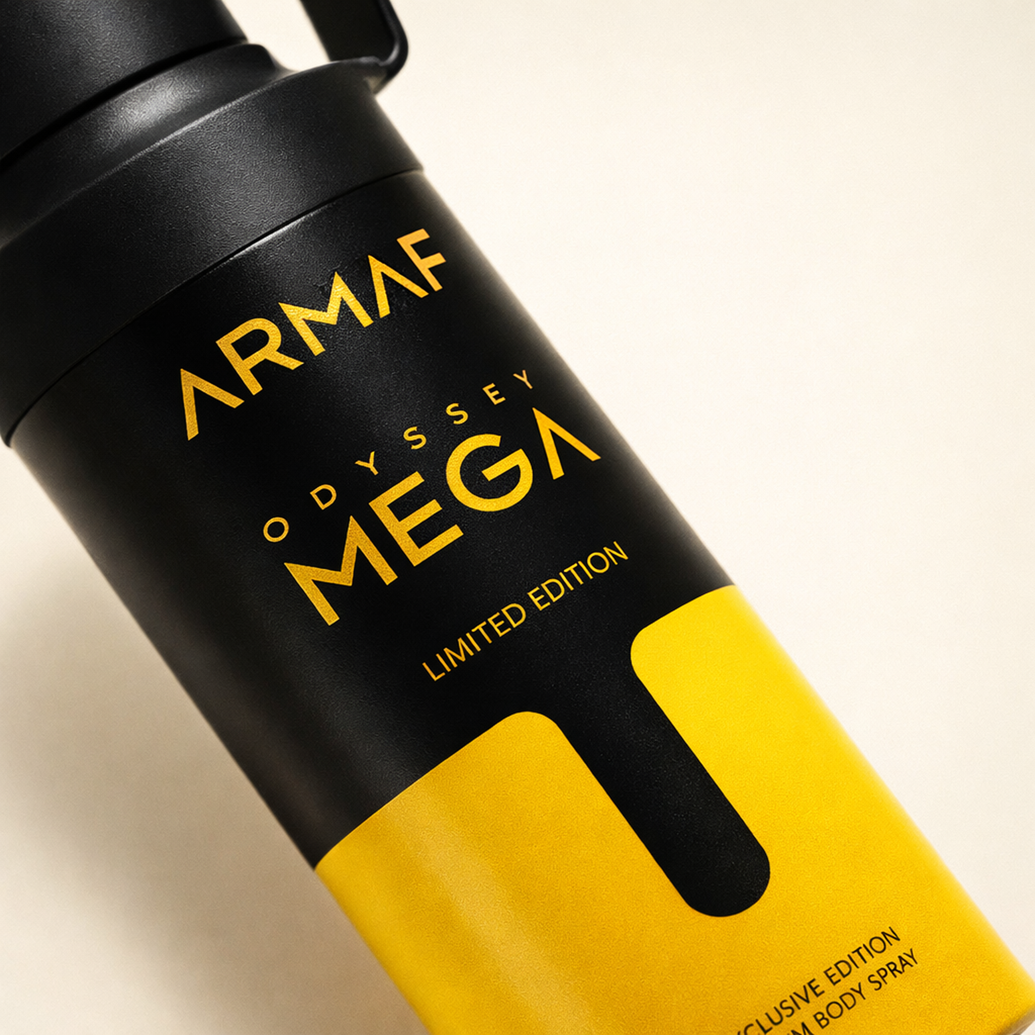 Armaf Odyssey Mega Limited Edition Body Spray macro label detail gallery showcase