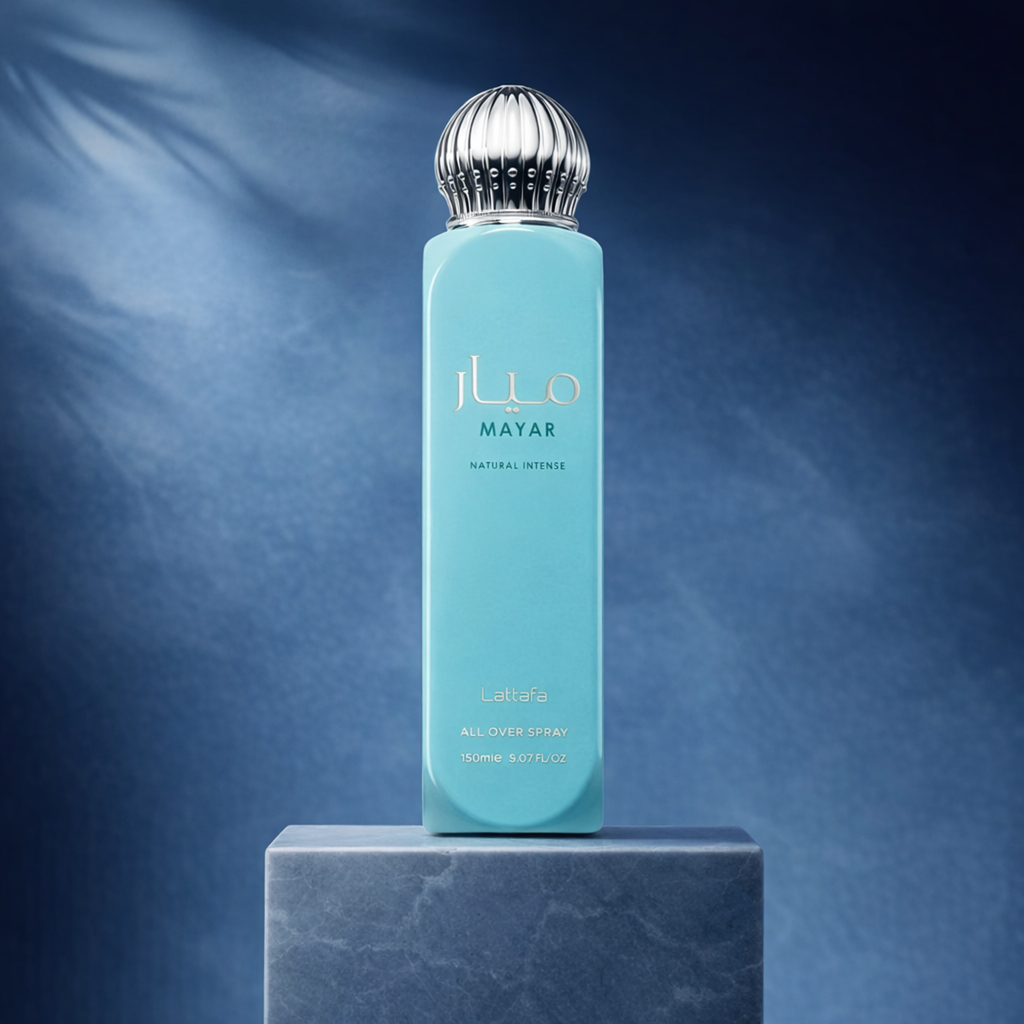 Lattafa Mayar Natural Intense All Over Body Spray upright pedestal gallery showcase