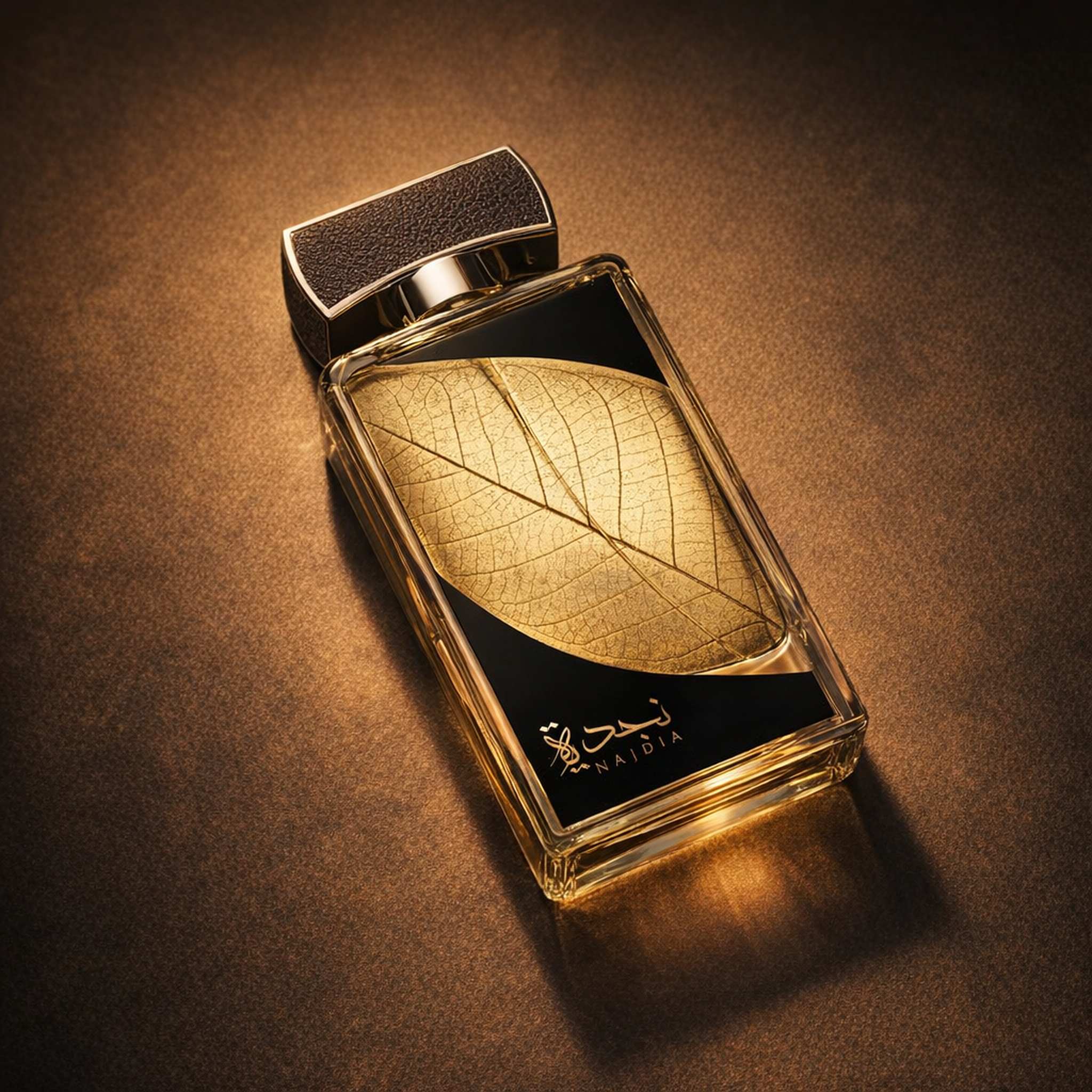 Lattafa Najdia In Gold EDP angled still-life gallery showcase