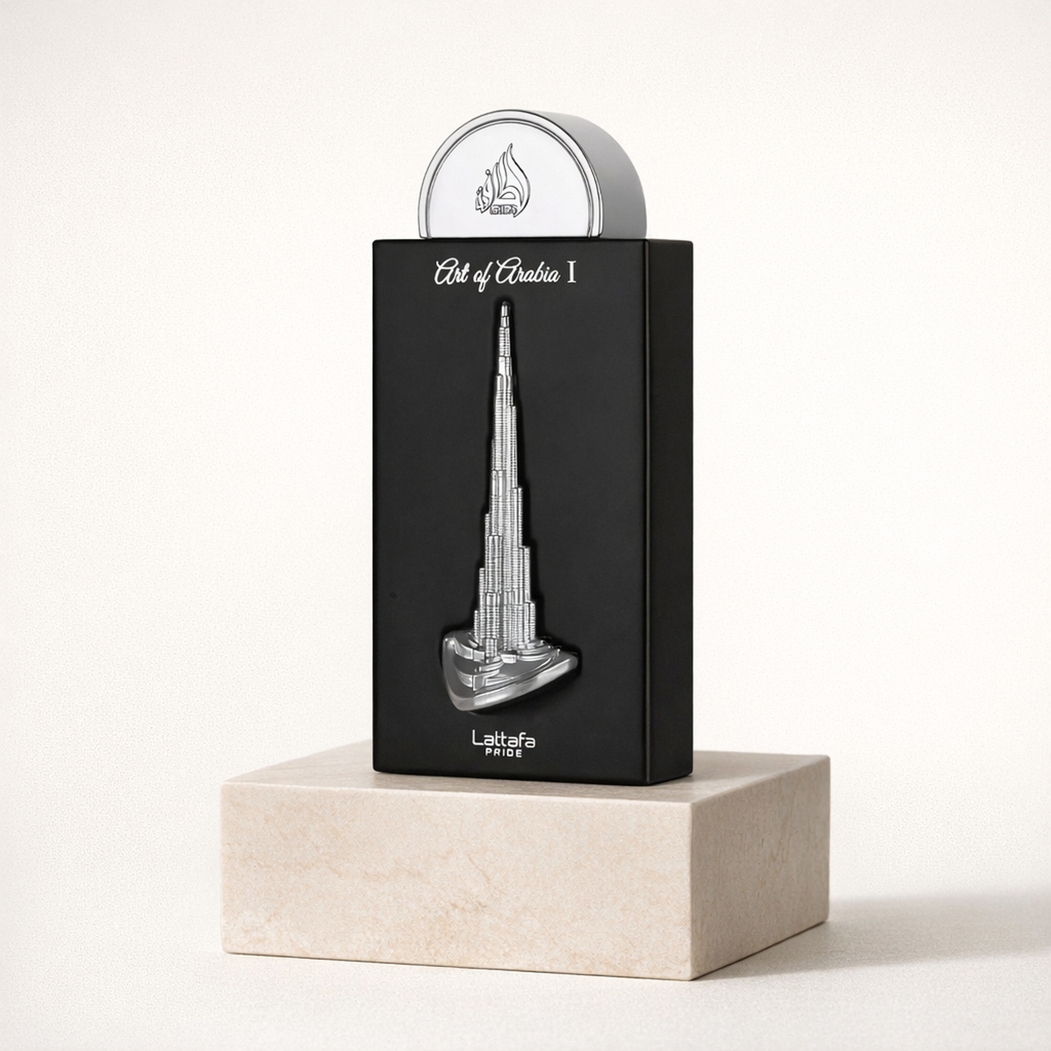 Lattafa Pride Art of Arabia I EDP upright pedestal gallery showcase