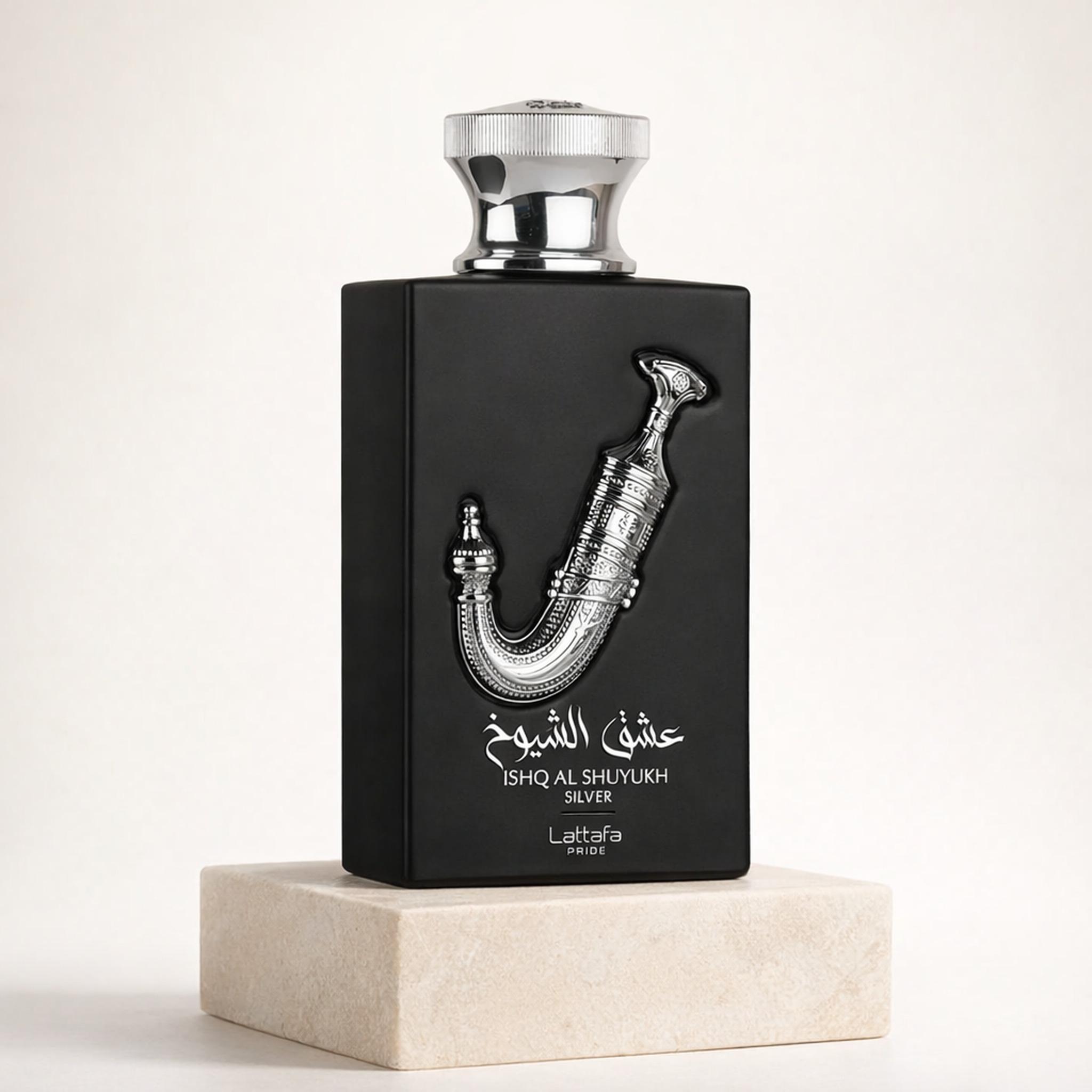 Lattafa Pride Ishq Al Shuyukh Silver EDP For Men upright pedestal gallery showcase