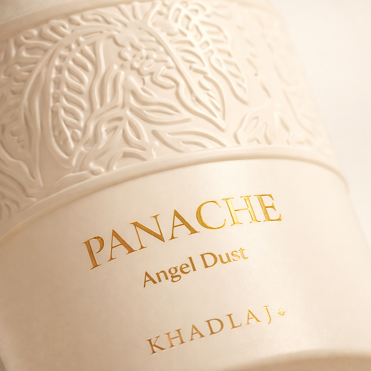 Khadlaj Panache Angel Dust EDP macro label detail gallery showcase