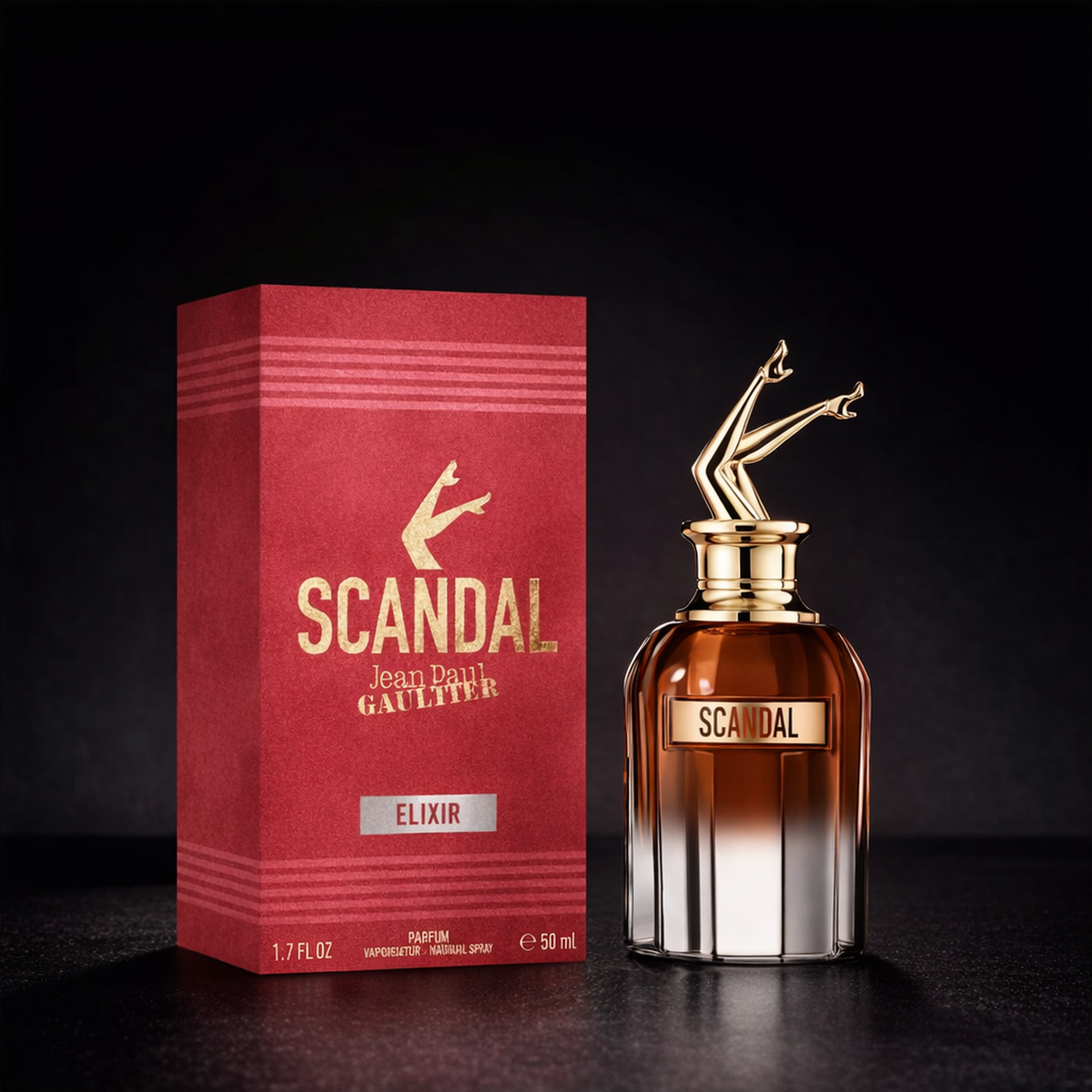 Jean Paul Gaultier Scandal Elixir Parfum For Women packaging product shot gallery showcase