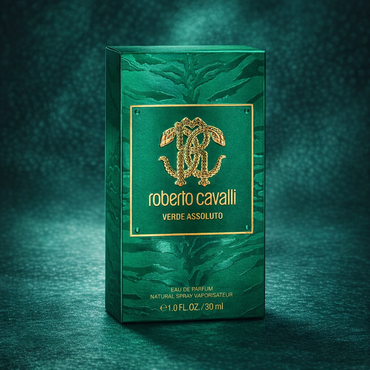 Roberto Cavalli Verde Assoluto EDP For Men packaging product shot gallery showcase